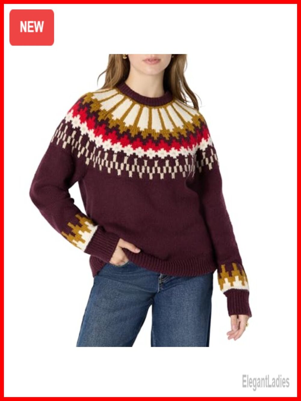 Oversized Fit Fair Isle Crewneck Sweater Cotton Blend Pullover